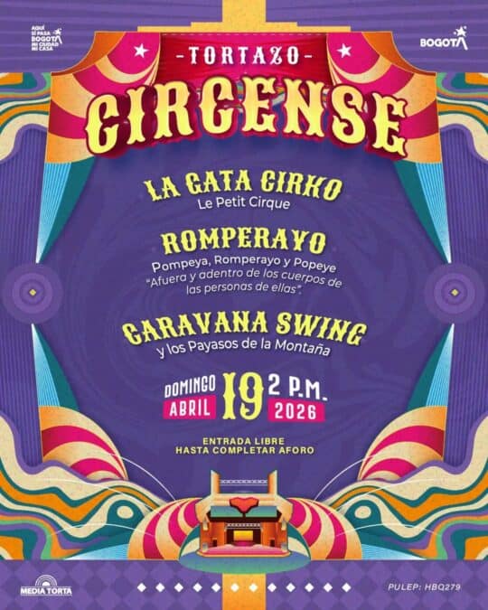 Espectáculo circense en Bogotá con circo, payasos y música en vivo, presentado por Tortazo Cirgense en La Gata Cirko, con funciones de romperaVo, circo y caravanas de swing.