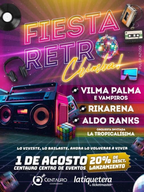 Evento de fiesta retro con música, luces y diversión en Centauro Centro. Disfruta de artistas como Vilma Palma, Vampiros, Rikaraena y Aldo Ranks en una noche llena de energía y nostalgia.