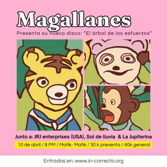 Imagen de la banda Magallanes presentando su nuevo álbum "El árbol de los esfuerzos" con ilustraciones de animales en estilo colorido y divertido.