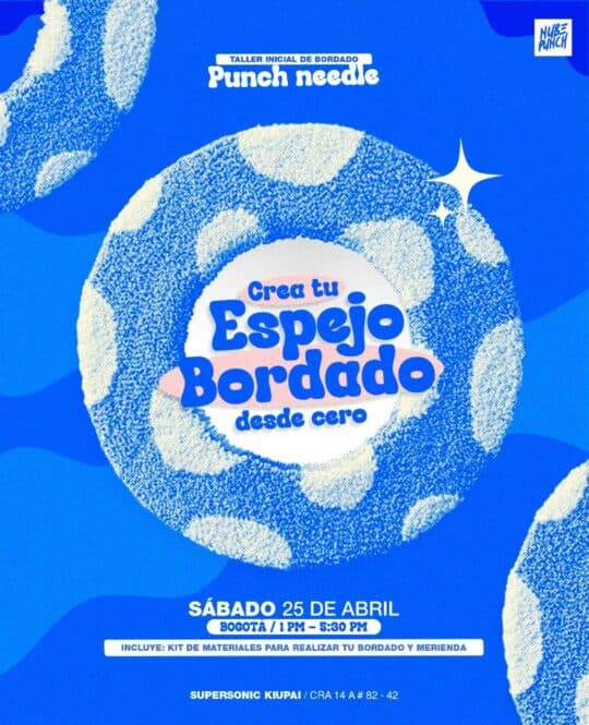 Imagen de un kit para crear un espejo bordado, con instrucciones para un taller de bordado en Bogotá, que incluye materiales y detalles del evento.