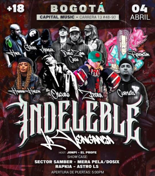 Concierto de rap en Bogotá con artistas como Mera Pela, Dosis, Rapkia y Astro LS en el evento de abril 2023.