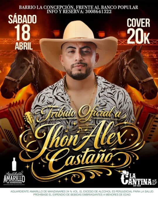Imagen promocional del tributo a Thon Alex Castaño por Tito de la Sierra, con fondo de caballos y música en vivo, para evento en Barrio La Concepción, el 18 de abril.