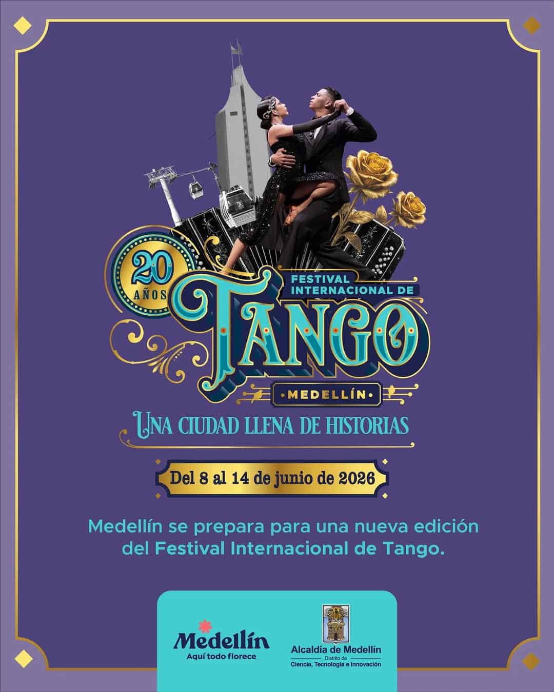 Festival Internacional de Tango Medellín 2026, evento cultural en Medellín, Colombia, con bailarines de tango en escenario, promoviendo la cultura y tradiciones del tango en la ciudad.
