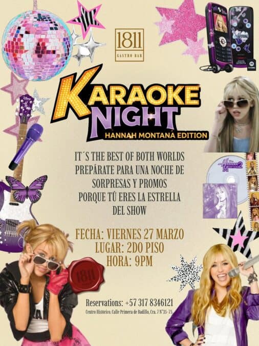 Espectáculo de karaoke con temática Hannah Montana, ideal para una noche llena de diversión y sorpresas en el segundo piso del bar 1811.