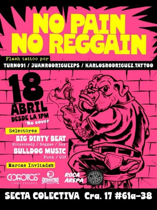 Cartel promocional de evento musical con temática reggae y punk, destacando artistas invitados y fechas del 18 de abril en Bogotá.