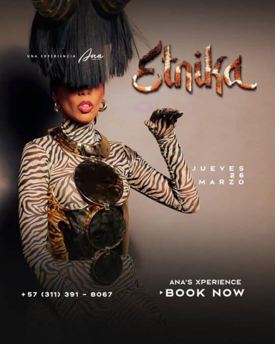 Imagen promocional del concierto de Ethika en Bogotá, mostrando a una artista con vestuario llamativo y accesorios grandes, anunciando el evento para el jueves 26 de marzo.