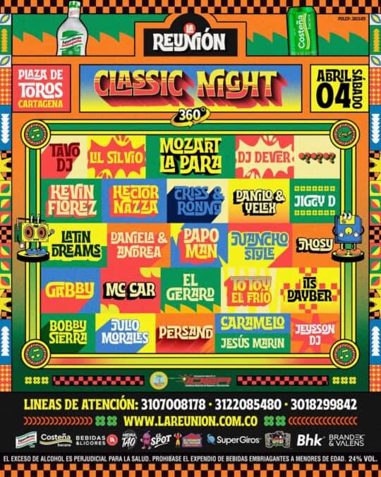 Espectáculo de música en vivo con DJ y artistas internacionales en un evento de noche, con colores vibrantes y temática de fiesta.