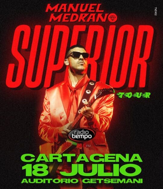 Concierto de Manuel Medrano en Cartagena el 18 de julio en el Auditorio Getsemani, promoviendo su estilo musical en un evento destacado.
