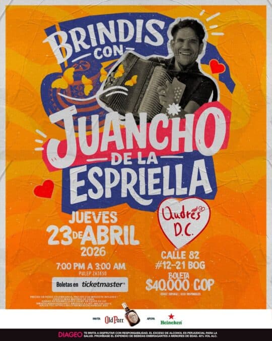 Imagen promocional de evento con música en vivo y brindis en La Espriella, destacando la celebración con Juanchito, fecha y detalles del evento en abril de 2026.