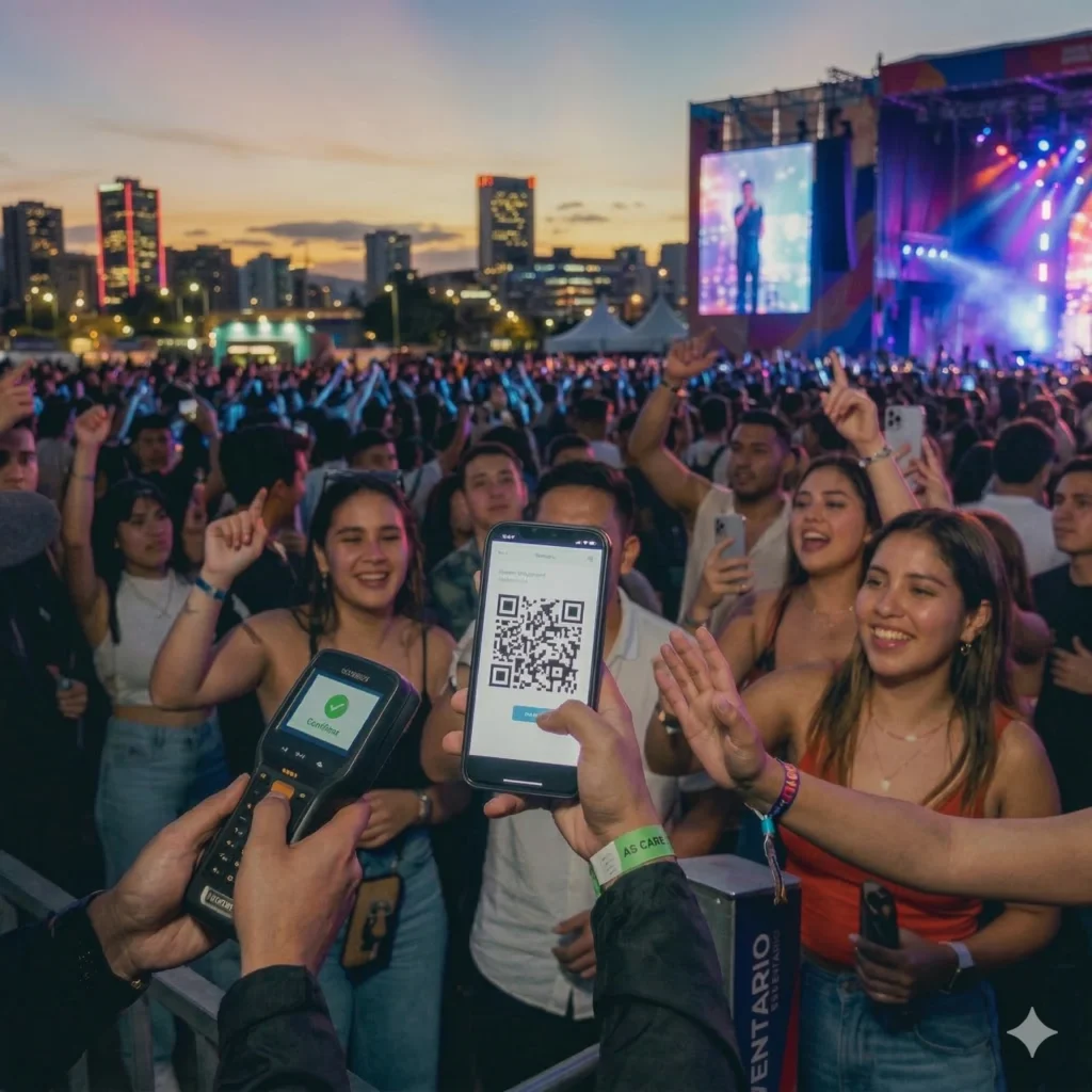 Público entrando a un concierto con su boleta QR en el celular