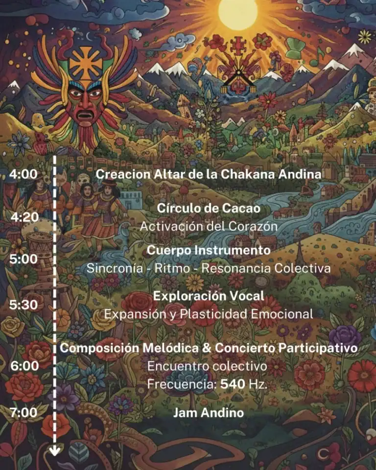 Imagen de un altar andino y músicos en un evento cultural, promoviendo la música y tradiciones indígenas en un entorno natural y festivo.