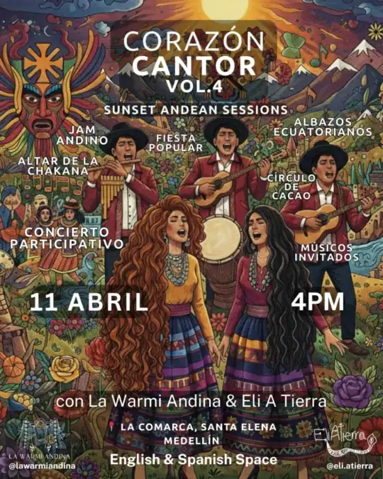 Banda de músicos en concierto con instrumentos tradicionales y canto en un entorno colorido y festivo.