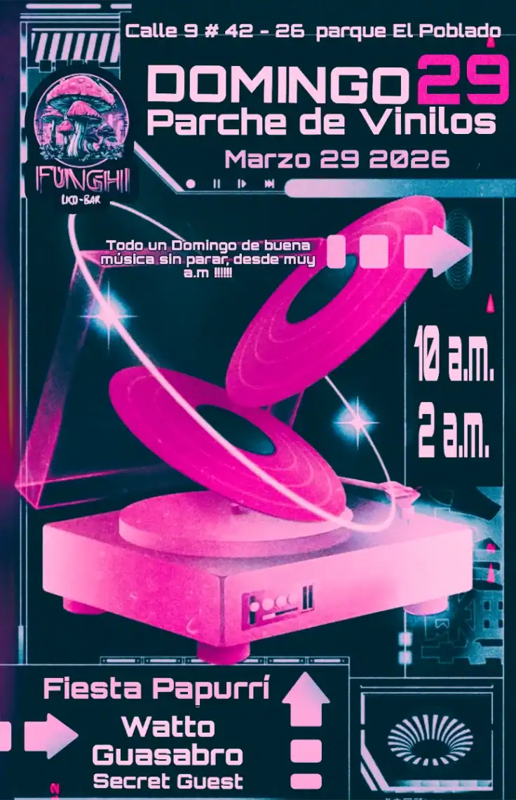 Vinilos en Domingo - Parcheee de Vinilos, evento musical con DJ en Parque El Poblado, Medellín, el 29 de marzo de 2026, desde las 10 a.m. hasta las 2 p.m.