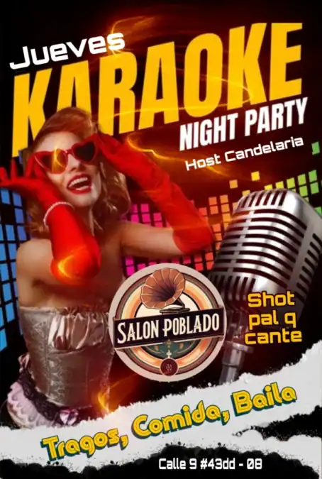 Karaoke por Candelaria Salón Poblado: noche de karaoke con música en vivo, comida y diversión en un ambiente animado y festivo. Perfecto para disfrutar con amigos y celebrar en grande.