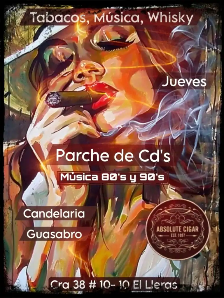 Mujer disfrutando de un cigarro y whisky en un ambiente de música y candelaria, promocionando evento de tabacos, whisky y música de los 80 y 90 en El Lleras.