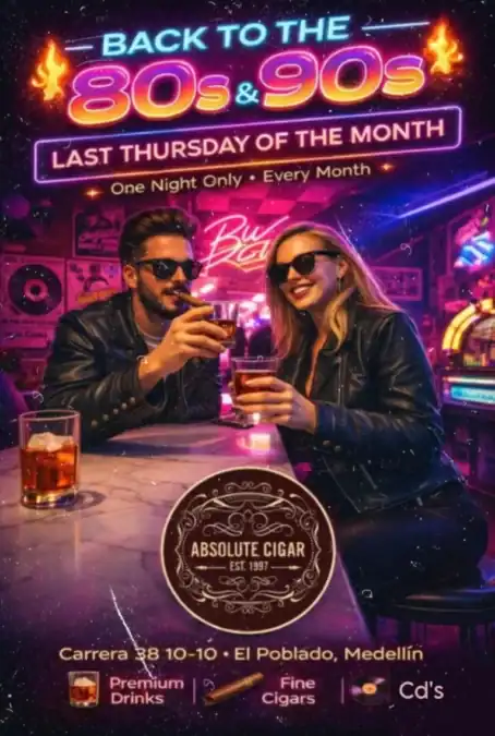 Pareja disfrutando de una noche con tabacos, whisky y música retro en un bar con ambiente vibrante y luces de neón.