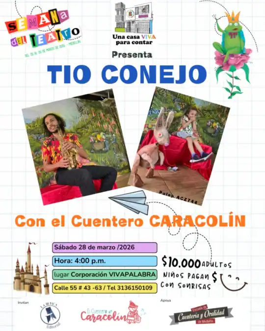 Tio Conejo, personaje divertido, en evento infantil con actividades para niños, en un ambiente alegre y colorido, promoviendo la diversión y la creatividad en los pequeños.