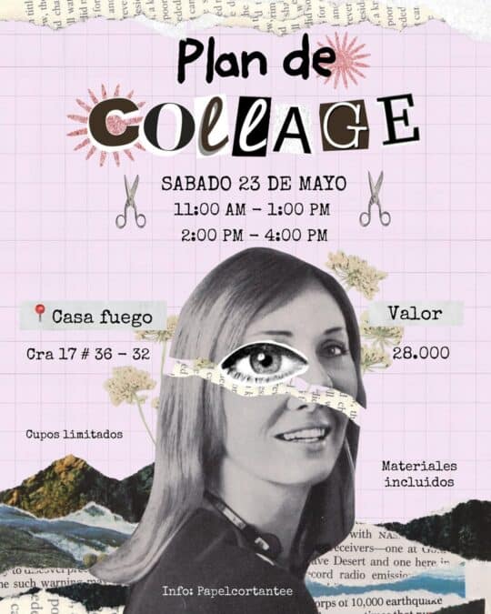 Imagen de un cartel de taller de collage con detalles creativos y elementos visuales llamativos.