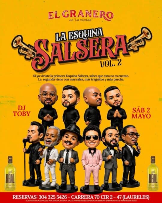 Esquina Salsera Vol. 2, evento musical con caricaturas de artistas, en La Lares, con DJ Toby, el 2 de mayo. Disfruta de salsa, música en vivo y ambiente festivo en este evento especial.