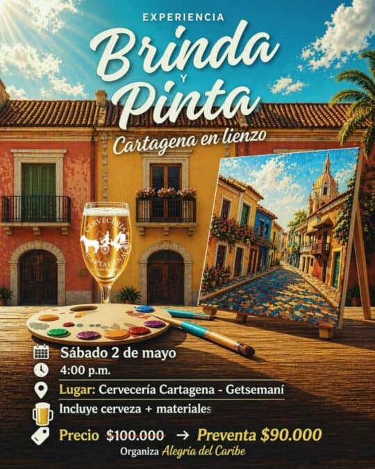 Imagen promocional de una actividad de pintura en Cartagena, con un lienzo, paleta de colores y una cerveza, ideal para eventos y experiencias culturales.