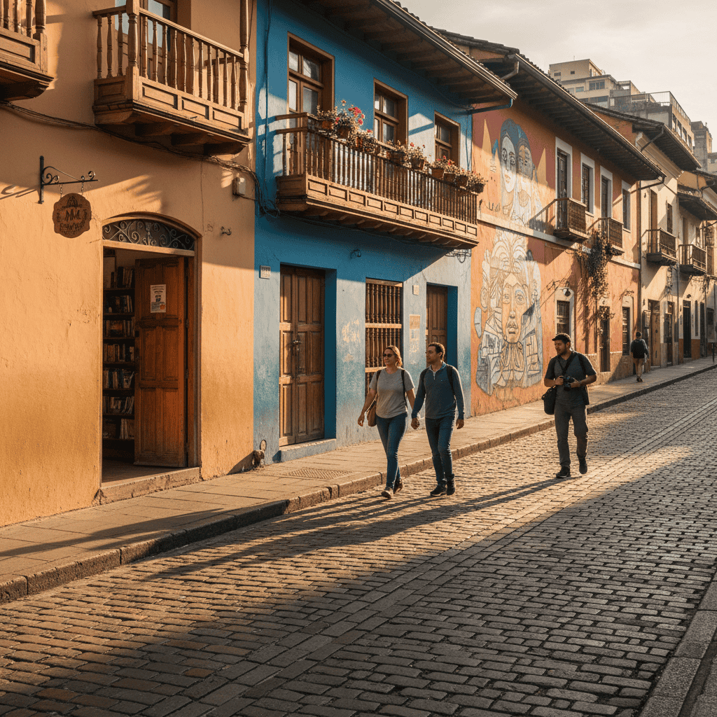 Calle vibrante con murales y edificios coloridos en una ciudad latinoamericana, con personas caminando por la acera en un ambiente urbano y culturalmente rico.