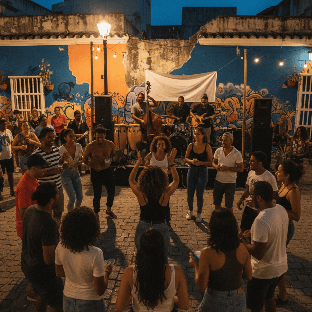 Un grupo de personas disfrutando de música en vivo y bailes en un evento cultural en un espacio urbano con murales coloridos y ambiente festivo.