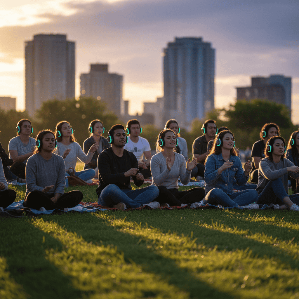 Grupo de personas practicando meditación en un parque urbano al atardecer, con rascacielos de fondo y todos usando auriculares, promoviendo bienestar y mindfulness.