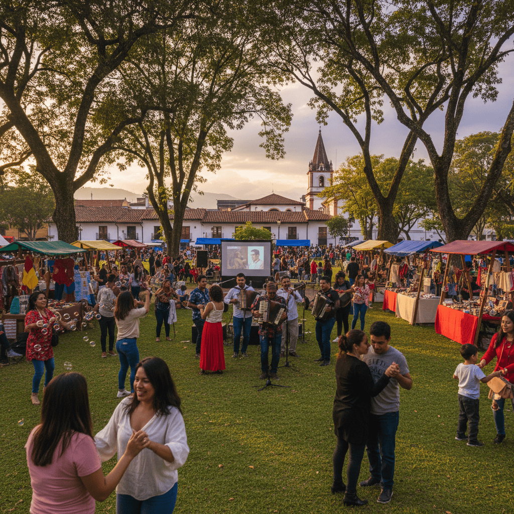 Feria cultural en un parque con puestos de artesanías y comida, rodeada de árboles y asistentes disfrutando del evento al atardecer.