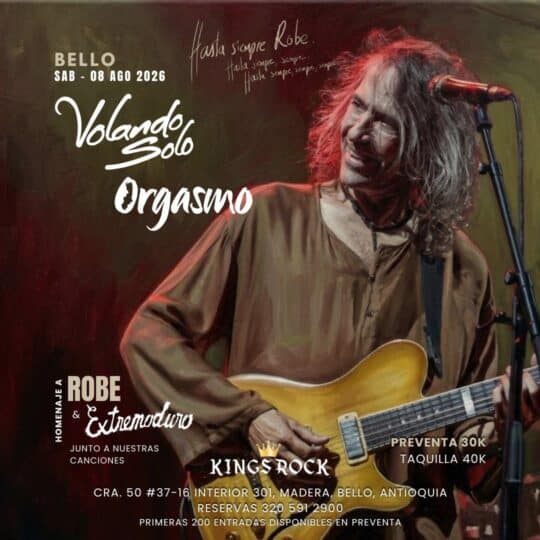 Imagen del homenaje a Robe y Extremoduro en un concierto en Bello, con un artista tocando la guitarra en el escenario.