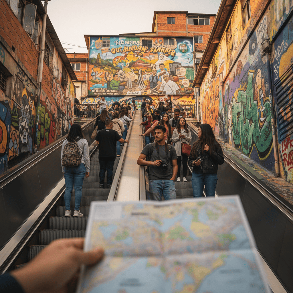 Grupo de personas en un pasillo urbano con murales coloridos, explorando arte callejero y cultura local en un entorno vibrante y artístico.